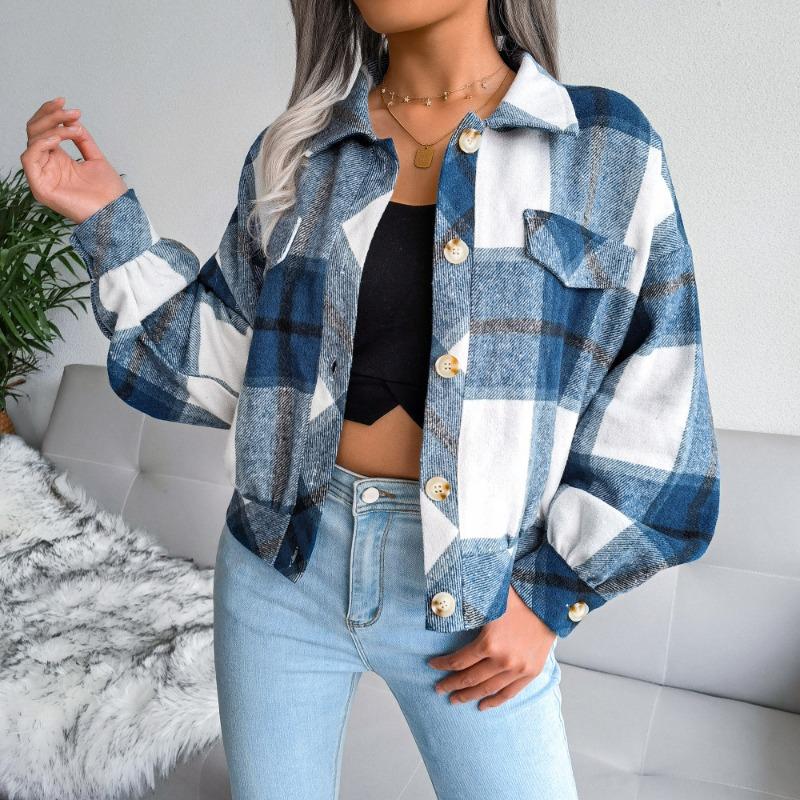 Short lapel fake pocket blue plaid lantern long-sleeved woolen jacket, spring and autumn fashion street women's trend jacket