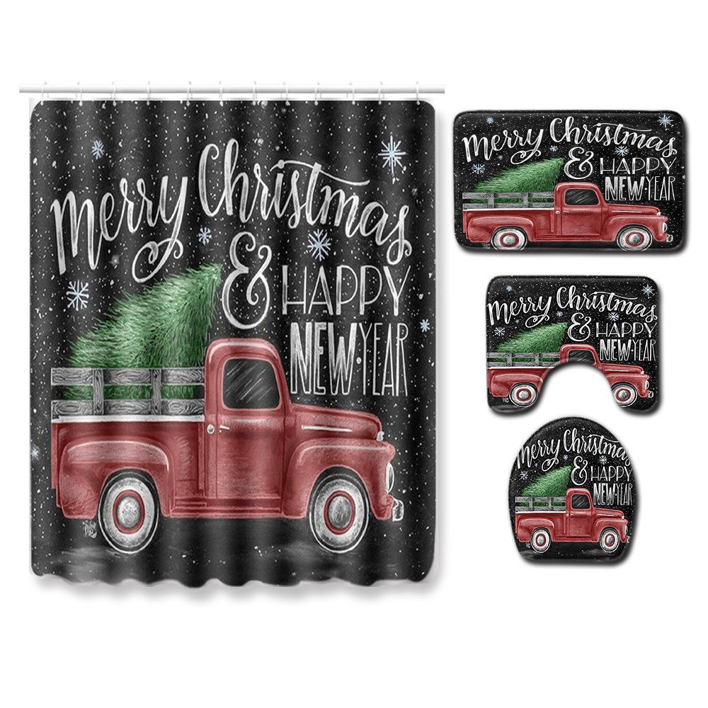 Christmas Shower Curtain Floor Mat Combination Four-Piece Set Bathroom Toilet Carpet Shower Room Mat Foot Mat