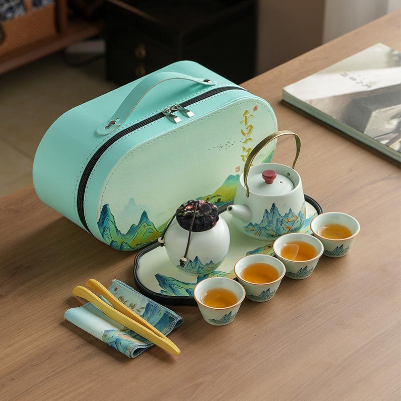 Company annual meeting gifts thousands of miles of Jiangshan Ru kiln travel tea set teapot souvenir portable Kung Fu Kuaike cup