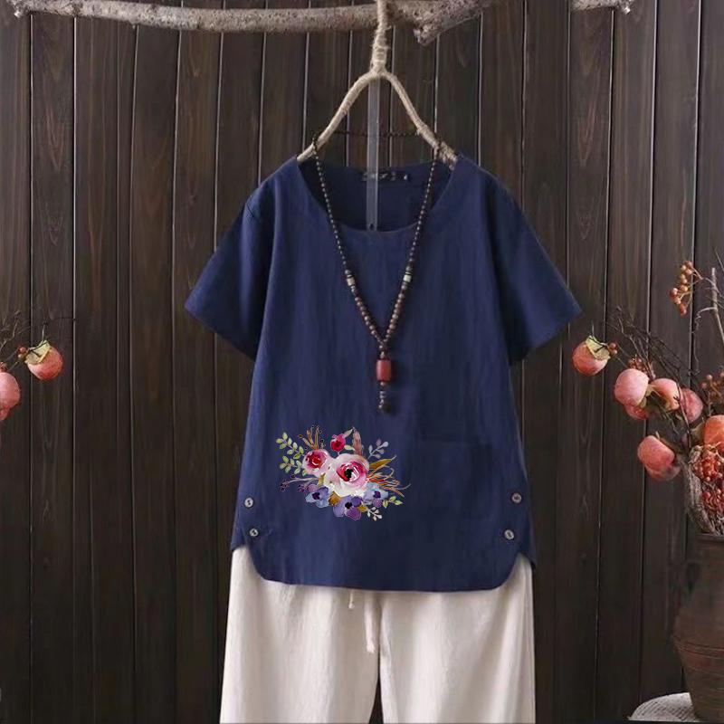 

Летняя женская футболка из хлопка и конопли с принтом в скандинавском стиле и V-образным вырезом 2025 года — модная и удобная 4XL темно-синий