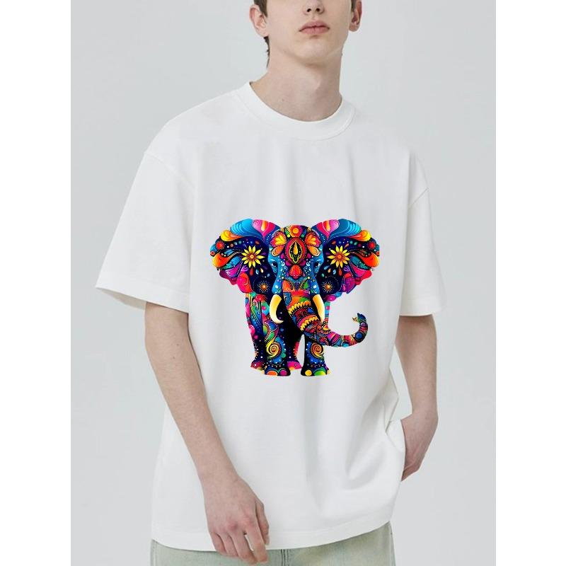 Colorful Elephant Pattern T Shirt Black Psychedelic Animal Print Unisex Casual Wear For Men Women Streetwear Fashion Top