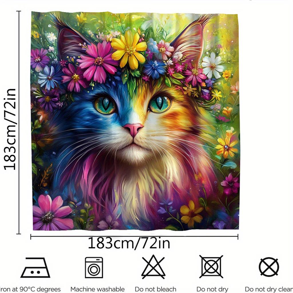 1pc Bright Floral Cat Shower Curtain - Polyester, Machine Washable, Colorful Digital Print with Hooks, Fashionable Home Decor