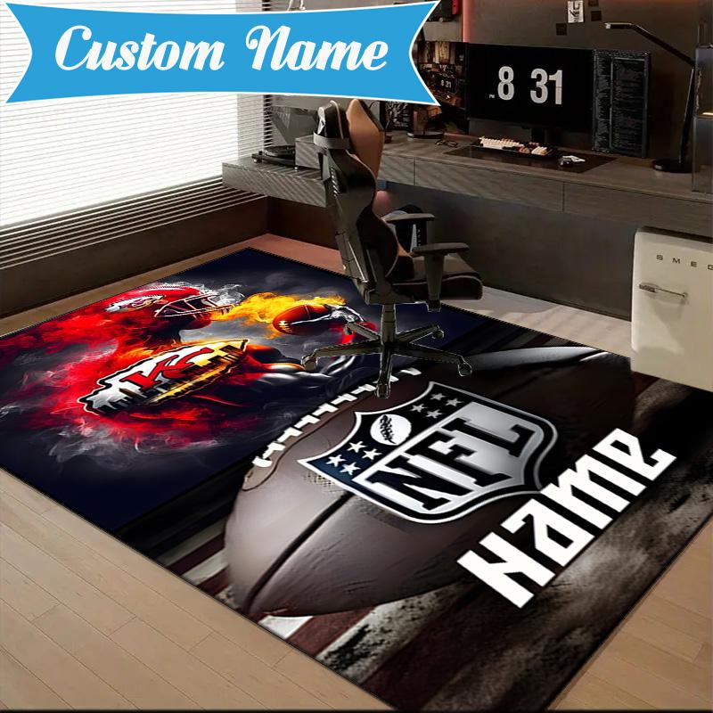 Custom Name Kansas Chiefs Helmet Rug Game Carpet, Floor Mat for Bedroom Living Room Entryway Rug, Home Decor Idea Gift for Christmas birthday