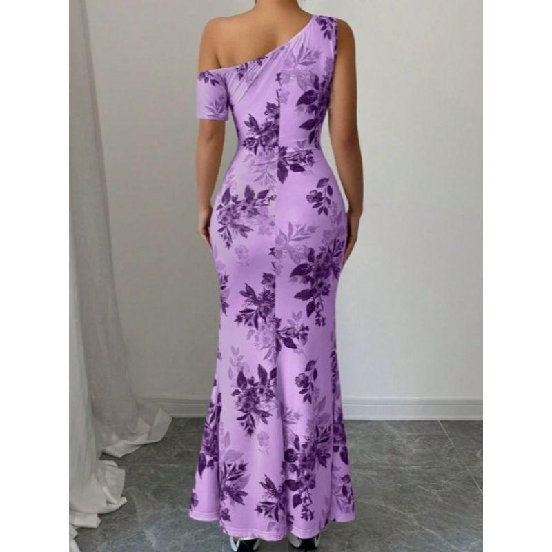 European and American Print Sexy Sexy Oblique Collar One Shoulder Slim Fit Waist Hugging Sheath Short Sleeve Fishtail Skirt Long Dress Formal Dress