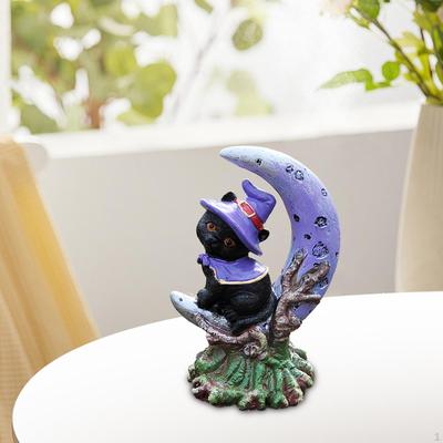 Black Cat with Witch Hat Moon Statue Figurine Garden Decoration Tabletop Centerpiece