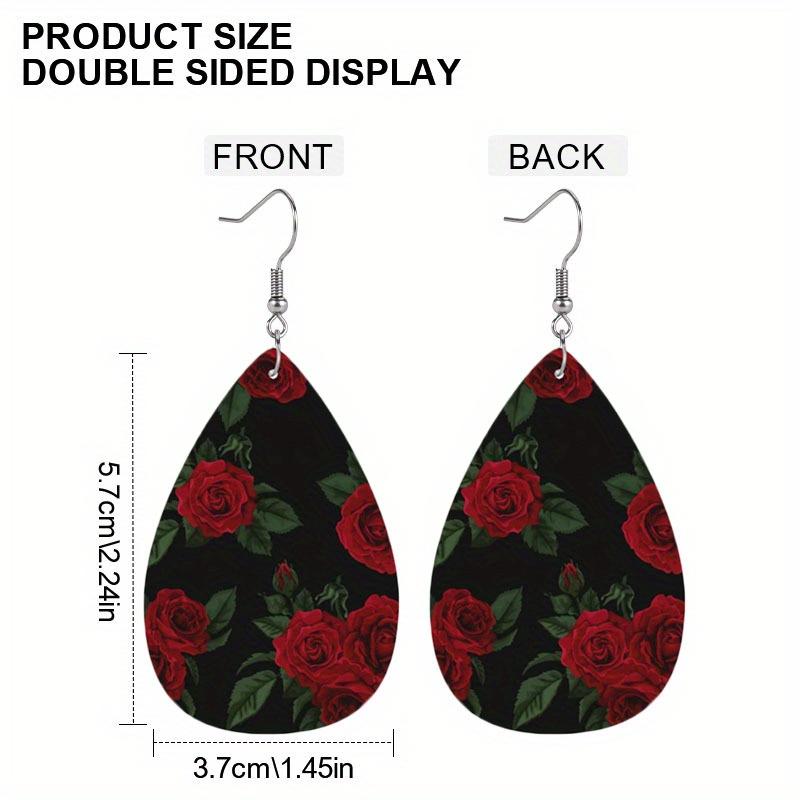 2D Flat Lightweight PU Leather Printed Teardrop Earrings, Blue-Purple Gradient Marble Pattern & Black Rose Design, Women's Fashion Pendant Earrings