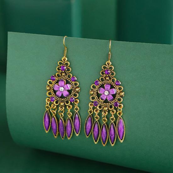 1 Pair Women Earrings Flower Shape Tassel Shiny Rhinestone Drop Earrings for Prom