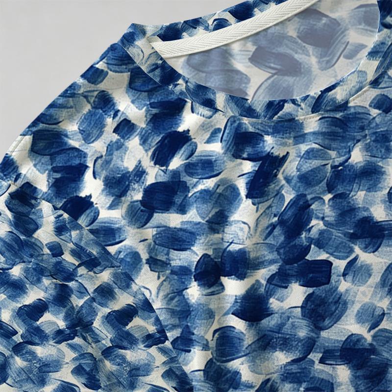 Summer Casual T-Shirt, Light Western Vibe, Blue White Tie-Dye, Soft Cotton Short Sleeve, Breathable Top Ideal for Daily Commute & Loungewear