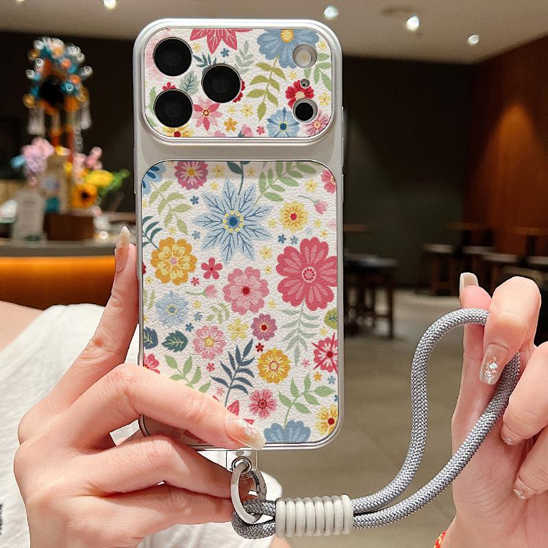 Pink Lily Flower Print Leather Lanyard Case For iPhone 18 Pro Max 17 16 15 14 13 Pro Max Luxury Hybrid TPU+PU Anti-skid Soft Phone Cover
