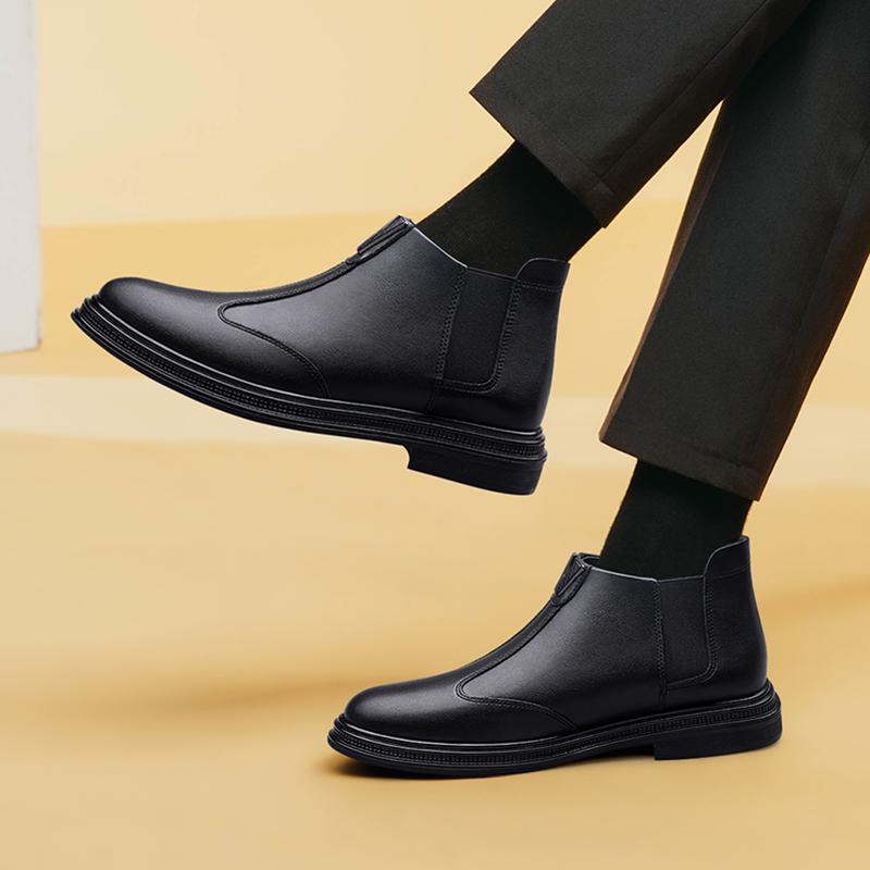 FashionGenuine Leather Men's Chelsea Boots Comfort Slip on Ankle Boots Fashion Elegantes Business Footwear Warm Plush Fur Winter Botas