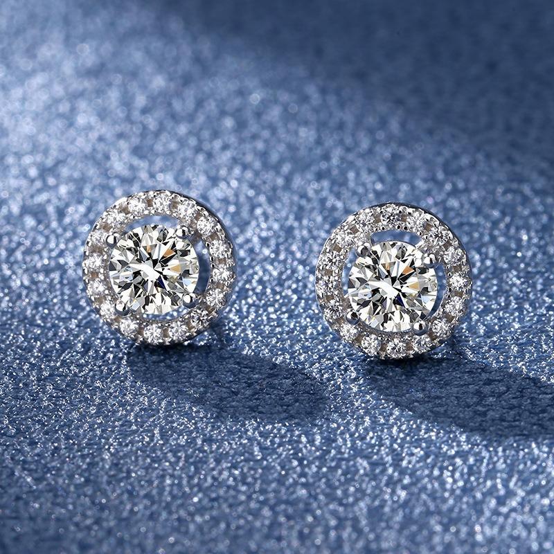 Fashion 1 Carat Round Zircon Stud Earrings For Women Luxury Geometric Jewelry