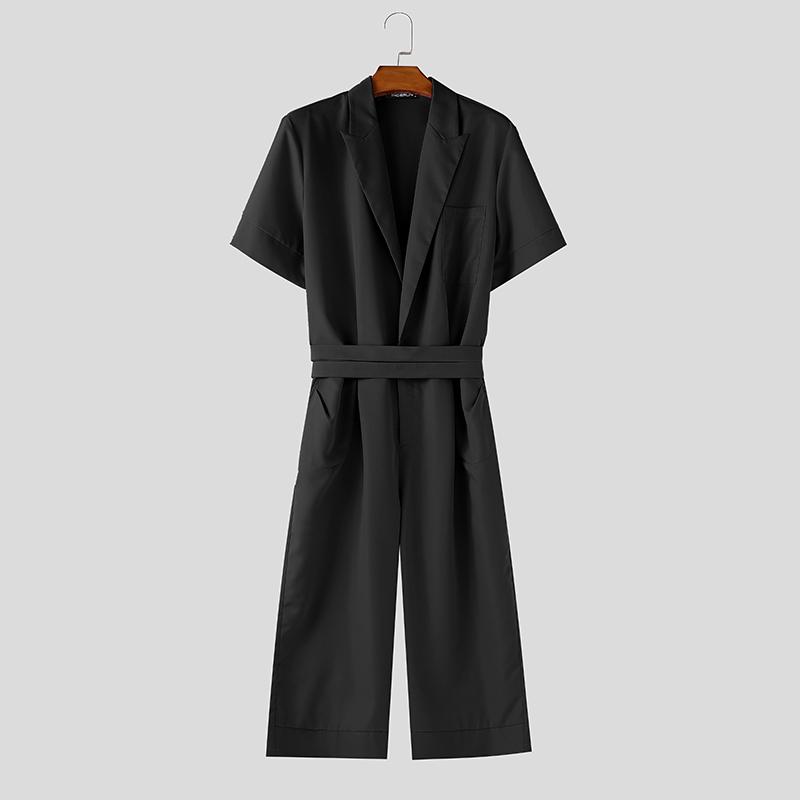 

INCERUN Мужские комбинезоны с лацканами, короткими рукавами, шнуровкой, однотонные, повседневные, на молнии, длинные XL чёрный