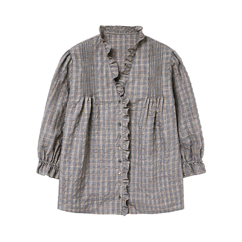 Women s Retro Plaid Ruffled Pleated Shirt - Artistic Loose Lapel Top for Autumn 2025 One Size