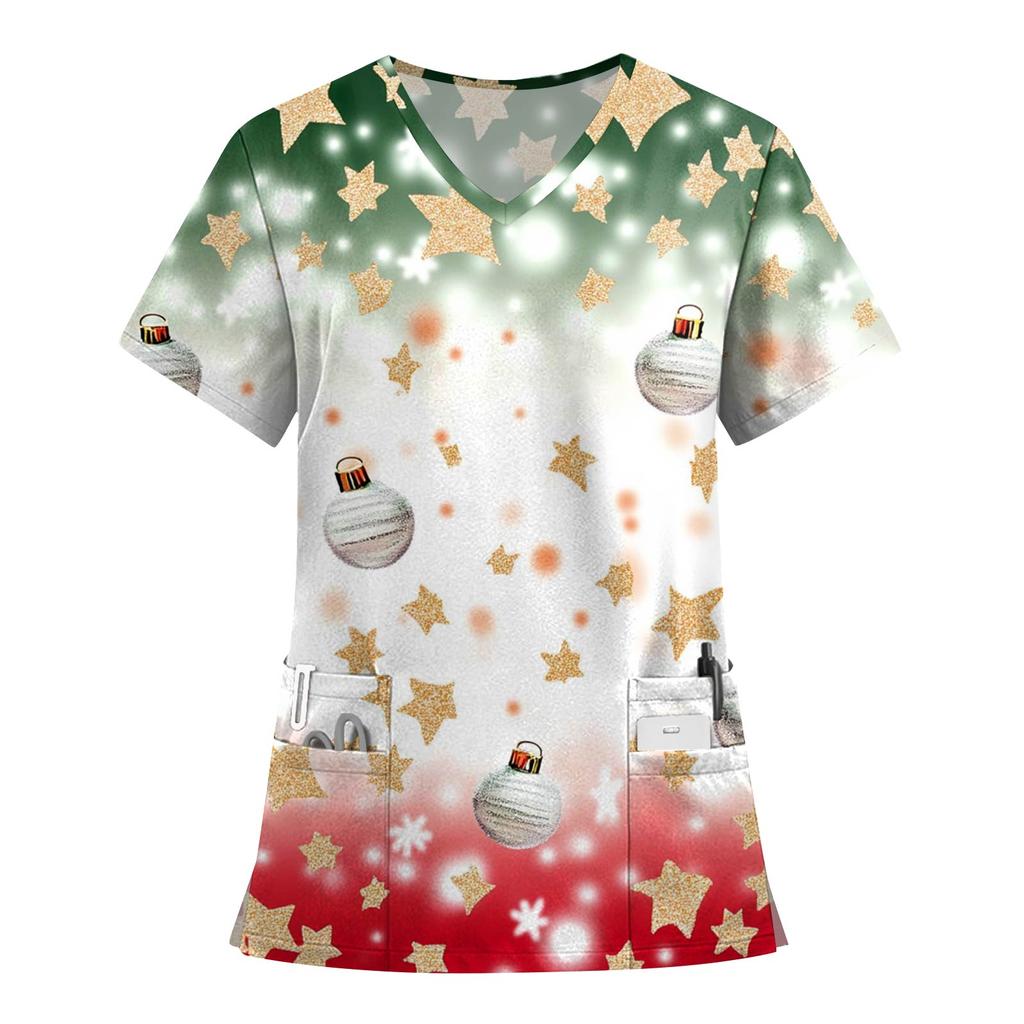 Women's Fashion Printed Short Sleeve V Neck Pattern Tops Pocket Working T-shirts