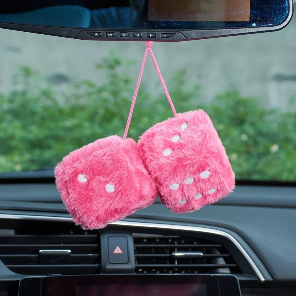 1 Fuzzy Plush Dice with Dots Retro Square Plush Hanging Mirror Fuzzy Dices Kid Toys for Pink Car Interior Ornament Decoration