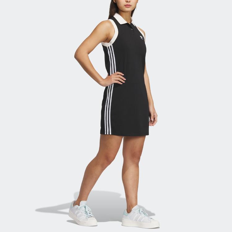 Adidas Originals X Monkey Kingdom Collaboration Spicy Girl Series Color Block Polo Neck Sleeveless Dress Women Dresses Black IP1779