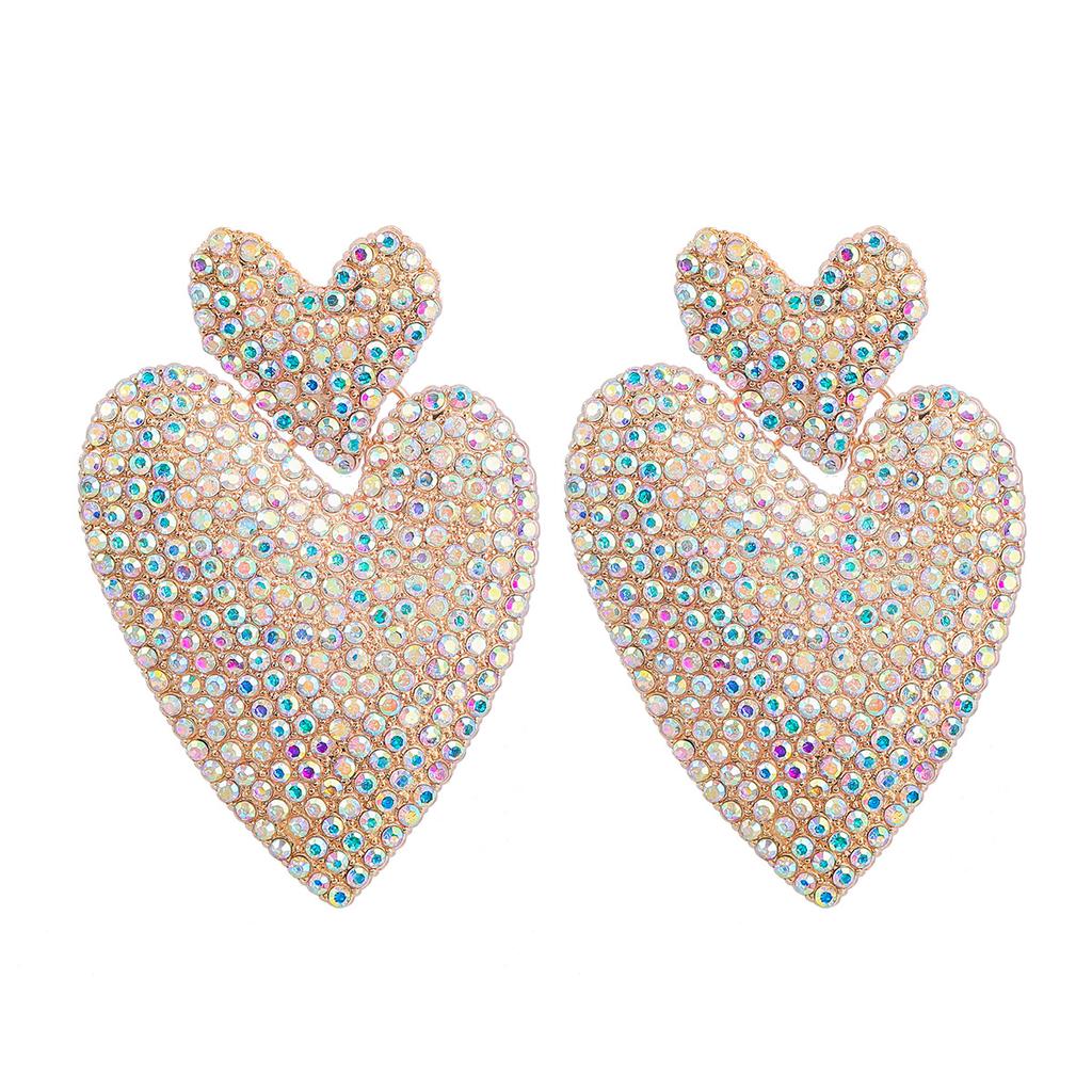 Digadagu Metallic Colorful Rhinestone Heart Earrings Women's Pop Exaggerated Dangle Earrings Party Jewelry Accessories