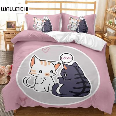 Cartoon Kätzchen Katze Bettbezug Queen Size Schlafen auf Halbmond Sternen Nachtträume Polyester Bettdeckebezug