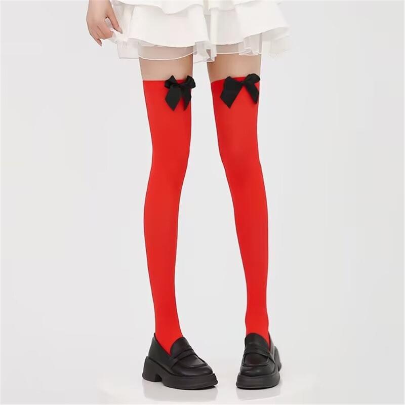 Christmas Thigh High Stockings Over the Knee Socks Halloween Cosplay Costumes for Womens Red Thigh High Socks with Bows