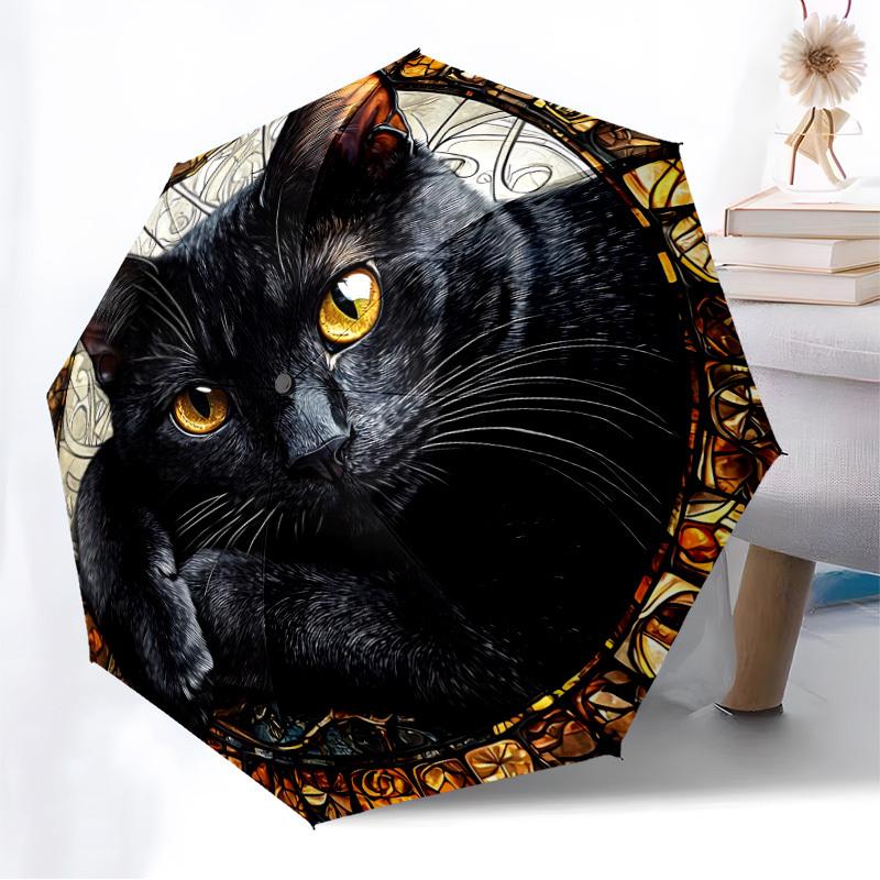 1pc Black Cat Artwork Automatic Folding Umbrella, Heavy-Duty 8-Rib Construction, Perfect for Everyday Yy251114113