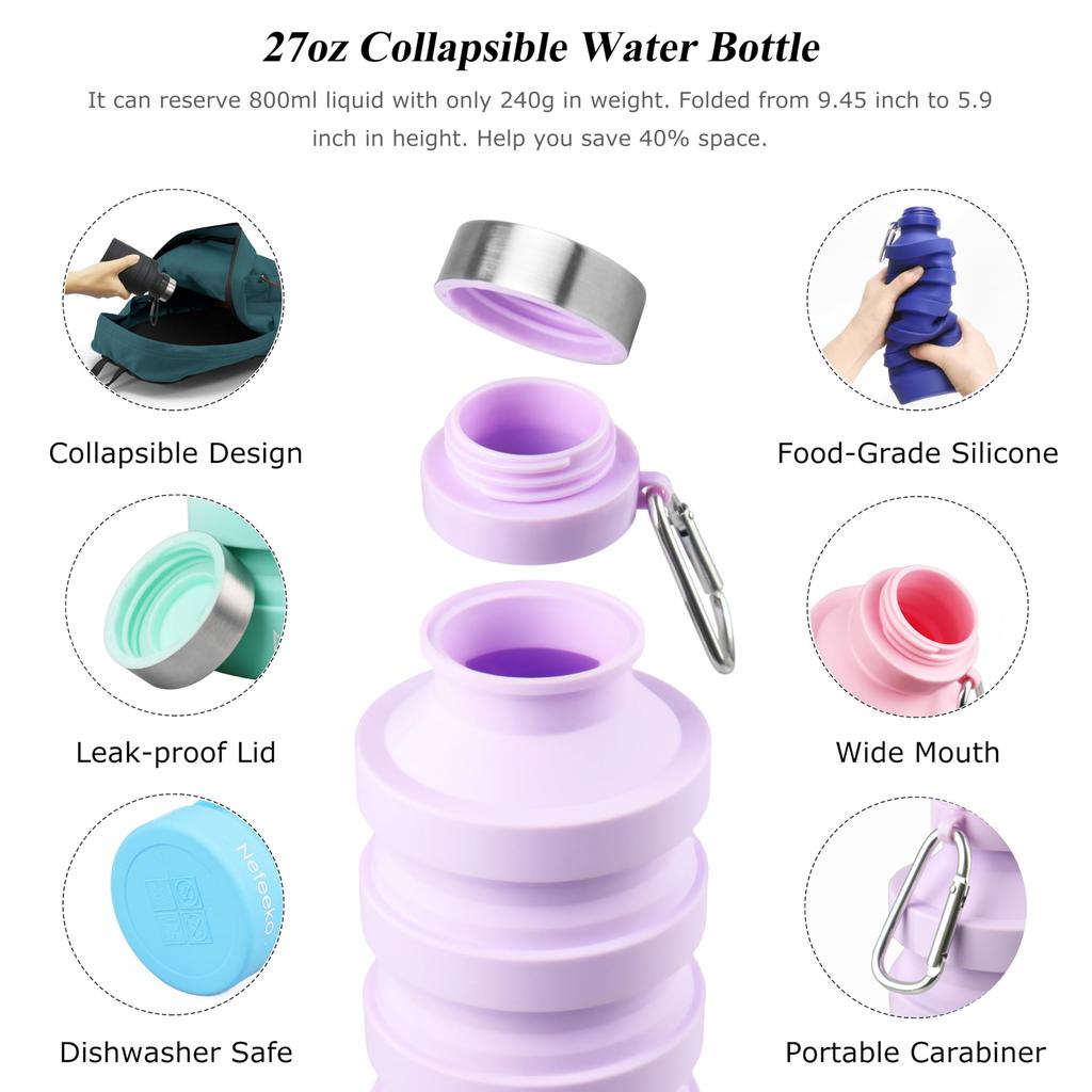 Nefeeko Collapsible Water Reusable Silicone Foldable Water Bottle for Portable Sports Water Bottle with Carabiner Bottle, BPA-Free Travel, Gym,