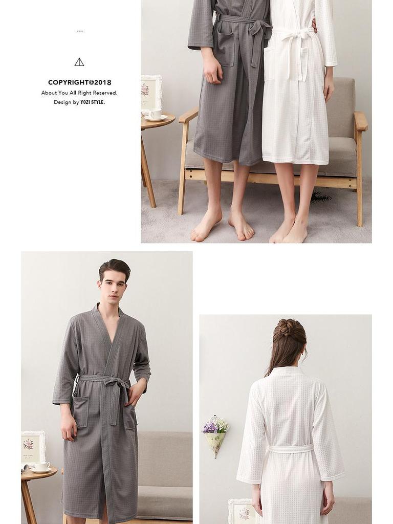 Waffle Pattern Bathrobe Couple Pajamas, Unisex Summer Three-Quarter Sleeve, Korean Style, Polyester & Absorbent.