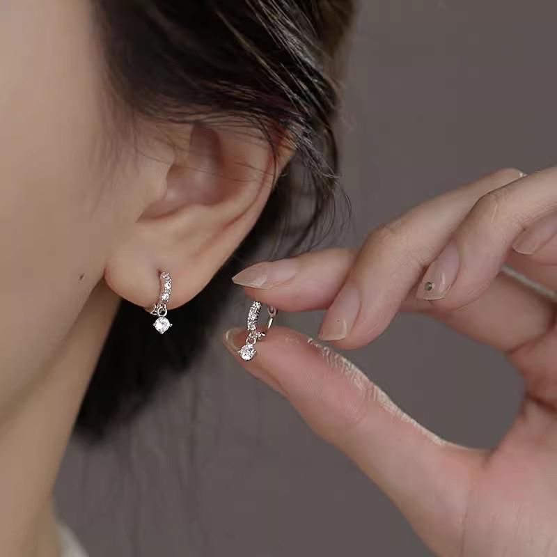 Real 925 Silver Zircon Pendant Hoop Earrings For Women Classic Fine Jewelry Exquisite Geometric Accessories