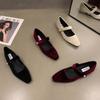 NewElegant Pearl Buckle Velour Mary Jane Shoes Woman Concise Velvet Ballet Flats Ladies Evening Party Low Heel Pumps In Wine-Red