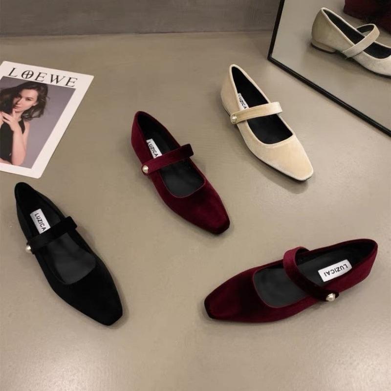 NewElegant Pearl Buckle Velour Mary Jane Shoes Woman Concise Velvet Ballet Flats Ladies Evening Party Low Heel Pumps In Wine-Red