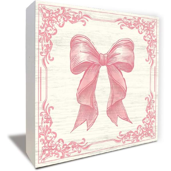 Pink Bow Coquette Wooden Box Sign, Coquette Room Decor, Dorm Room Essentials for Girls, Girly Ribbon Bow for Girls Room Dorm College Bedroom Desk