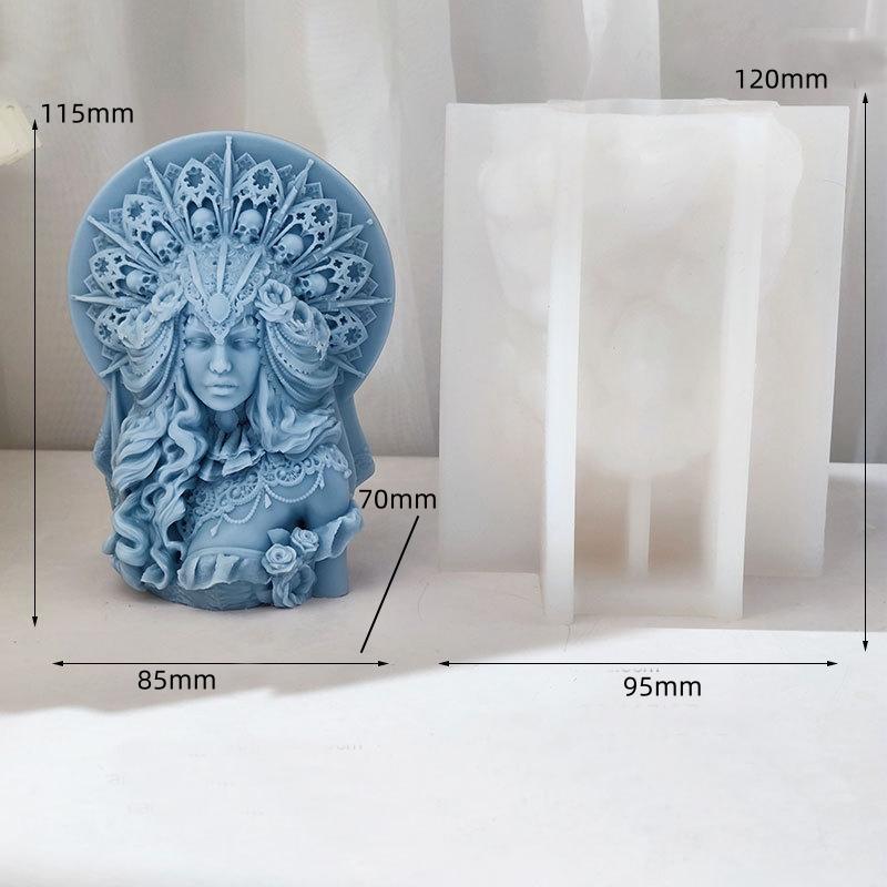 DIY Half Body Skull Head Queen Candle Silicone Mold Curly Hair Goddess Woman Resin Silicone Mold European Goddess Gypsum Mold