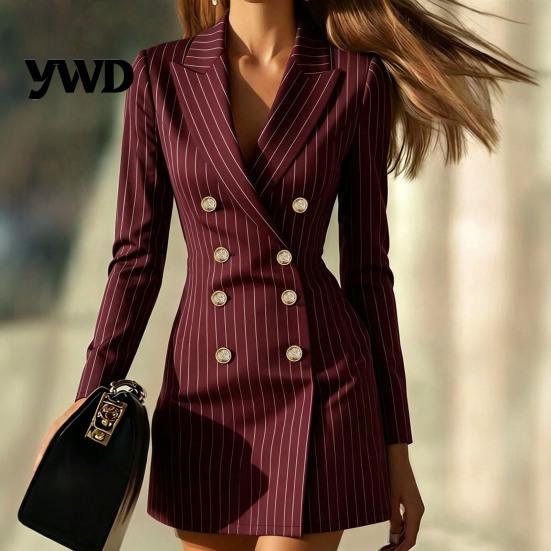 Elegant Commuter Clothing Women Striped Blazer Dress for Fall, Double-breasted Lapel Collar Mini Dress, Slim Fit Cinched Waist Above Knee Short