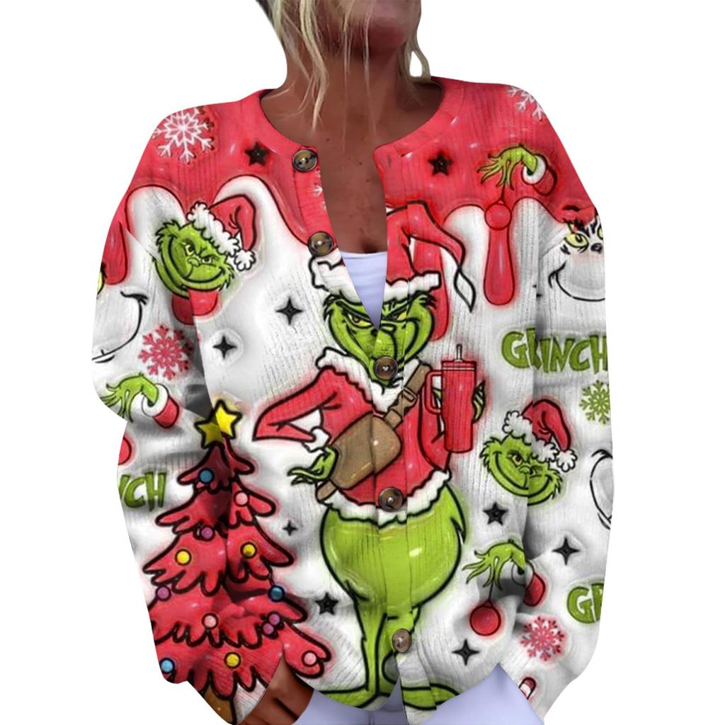 Women's Fashion Christmas Printed Long Sleeve Knitted Cardigan Button Down Jacket