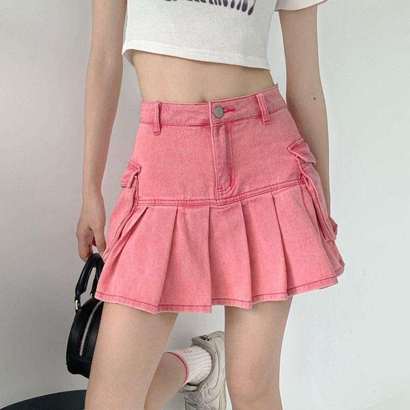 

Solid Color High Waist Denim Pleated Skirt Pure Color High Waist Denim Pleated Skirt Pink S