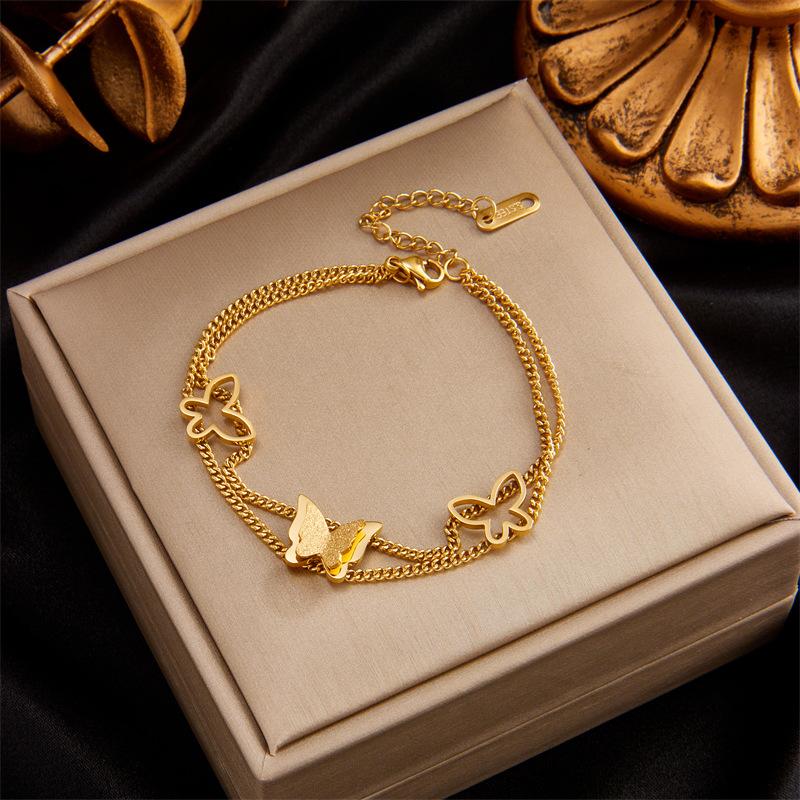 Gold Plated Stainless Steel Double Layer Heart Charm Bracelet