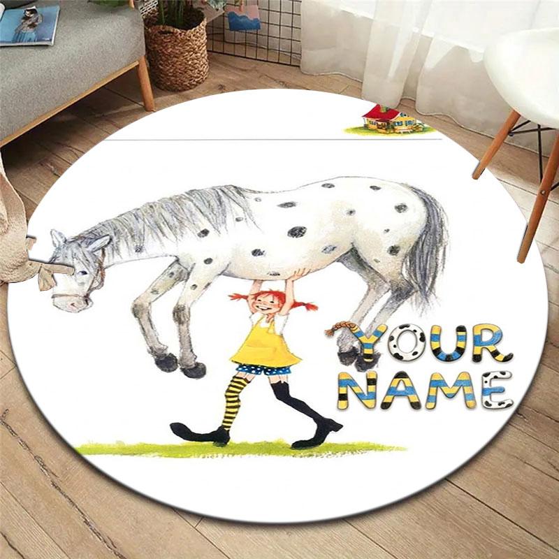Pippi Longstocking Custom Name Round Area Rug,Carpet Rug for Living Room Bedroom Sofa Playroom Decor,Non-slip Floor Mat