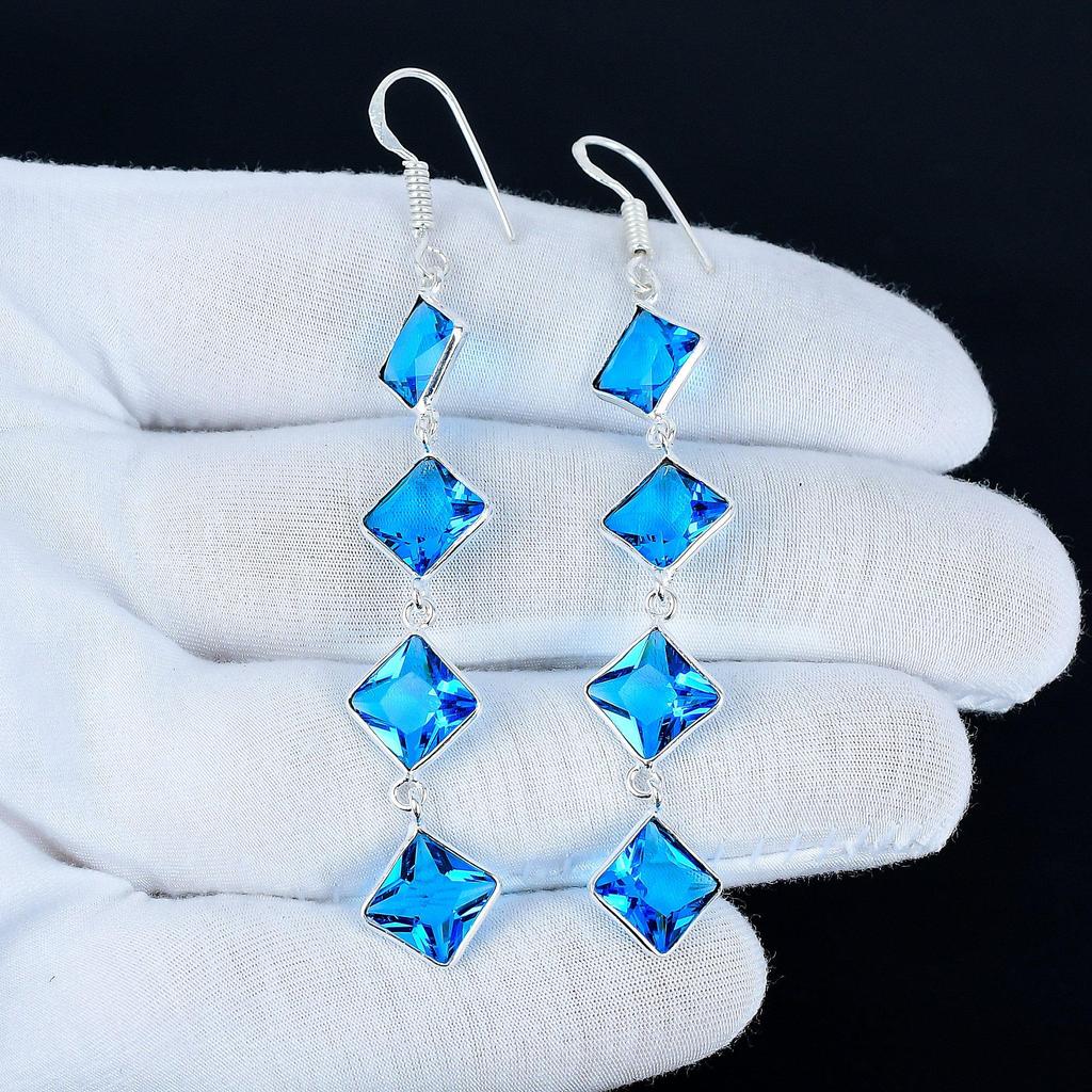 Blautopas Edelstein Ohrringe, 925 Sterling Silber Ohrringe, Handgemachte Silber Ohrringe zum Verschenken, Blautopas Hängeohrringe Neujahrsgeschenk
