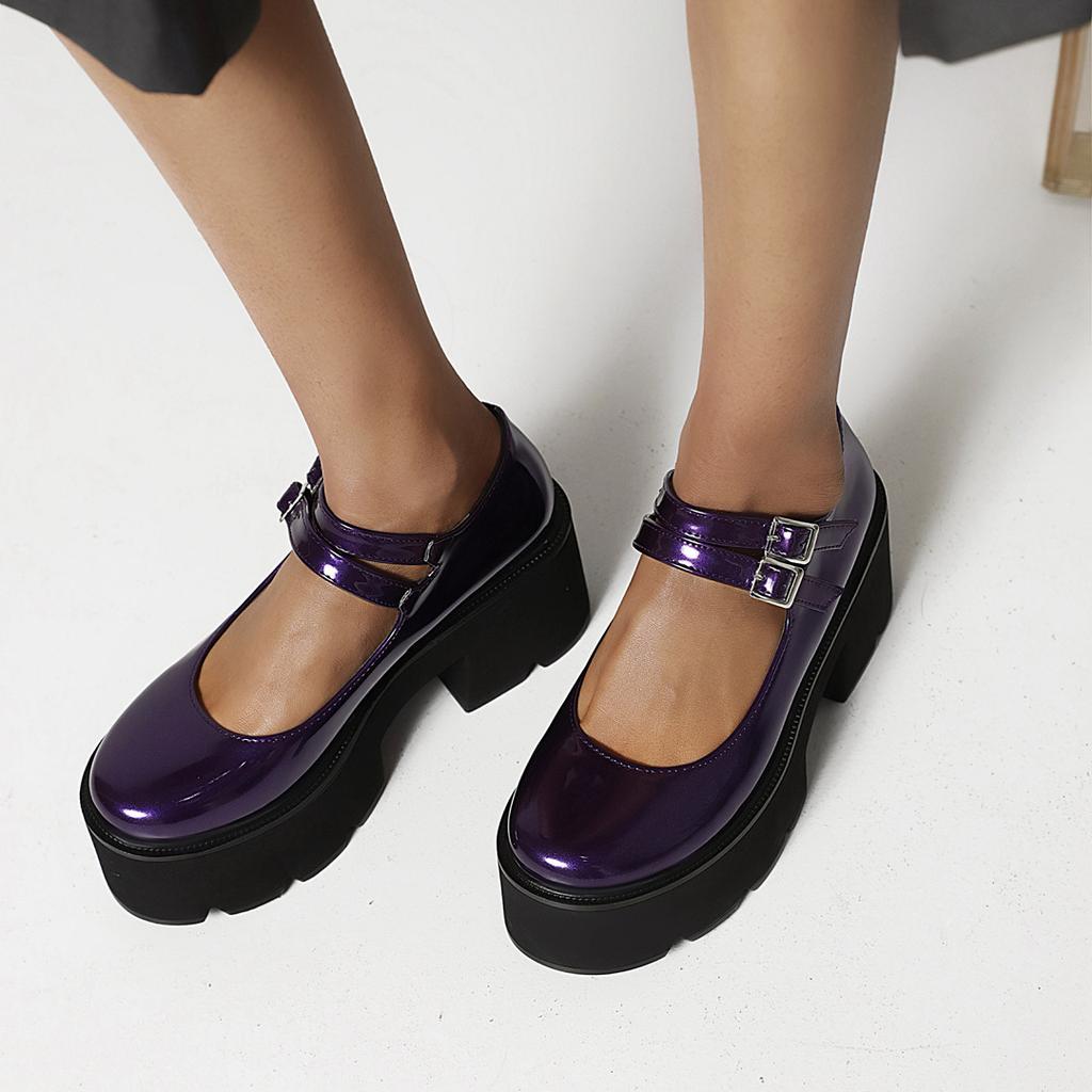One-word buckle Mary Jane new British retro round head muffin shoes sequined single shoes Japanese platform  shoes