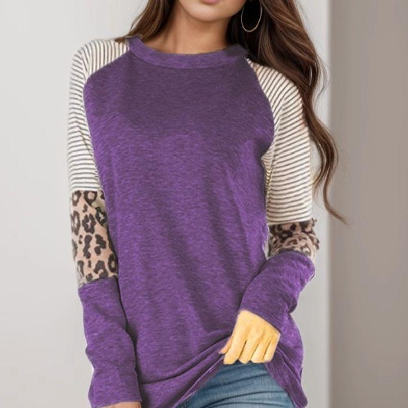 Cross-Border Fashion Autumn New round Neck Stripes Leopard Print Print Contrast Color Raglan Sleeve Long Sleeves T-shirt Women's Fashion All-Matching