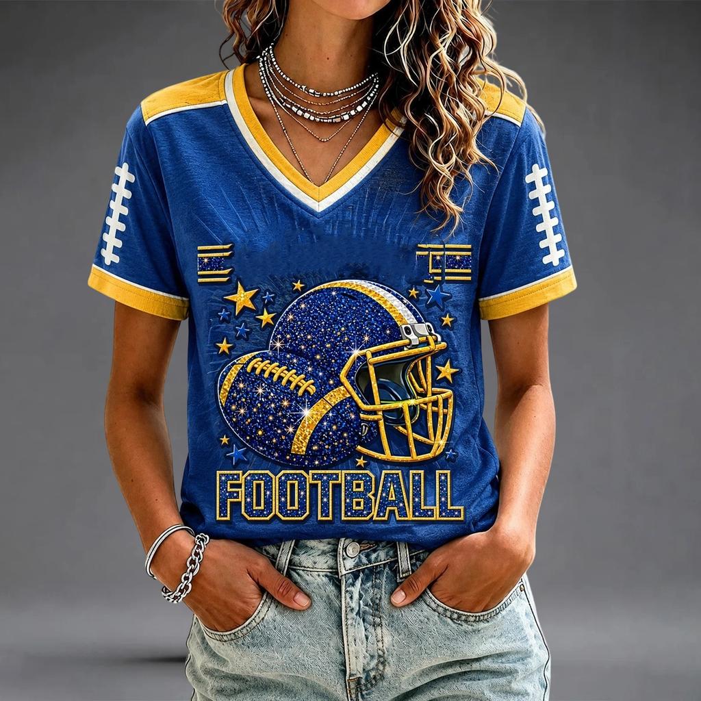 Casual V-hals T-shirt met korte raglanmouwen en rugbyprint voor dames