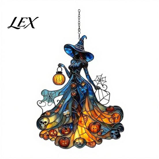 Unique Witch Themed Room Accents Acrylic Suncatcher, Stained Glass Effect Window Car Hanging Ornament, Gothic Scary Halloween Party Supplies for Home