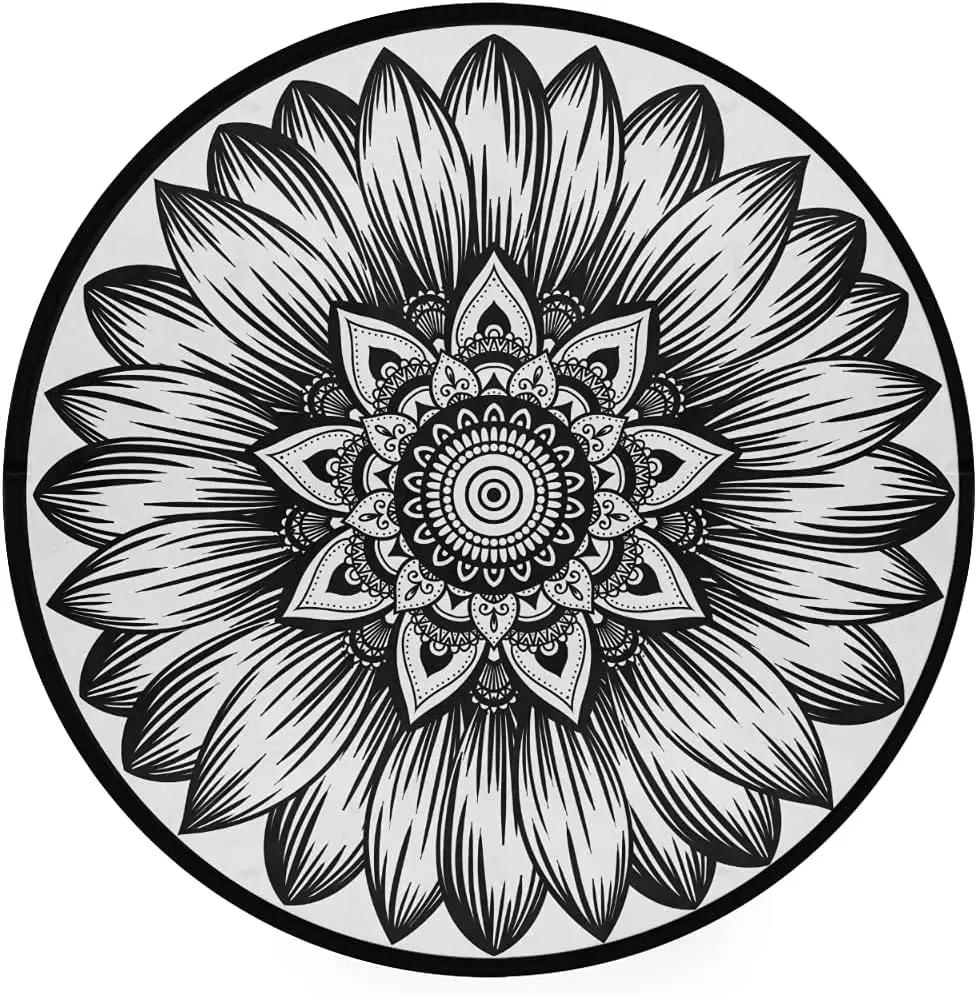 Abstraktní Boho Květinová Mandala Kulatý Koberec Exotický Květinový Kruh Koberec do Obývacího Pokojí Měkká Protiskluzová Podložka do Dětského Pokojí Vstupní Podlahová Rohož