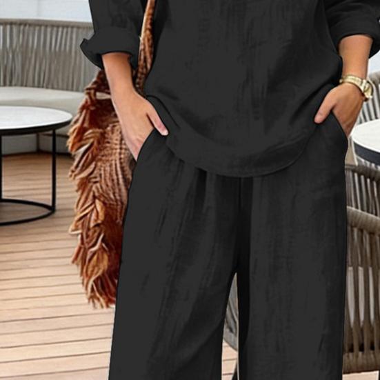 Women Linen 2 Piece Sets Summer Long Sleeve V Neck Shirts Matching Wide Leg Pants Lounge Sets Casual Beach Vacation Outfits