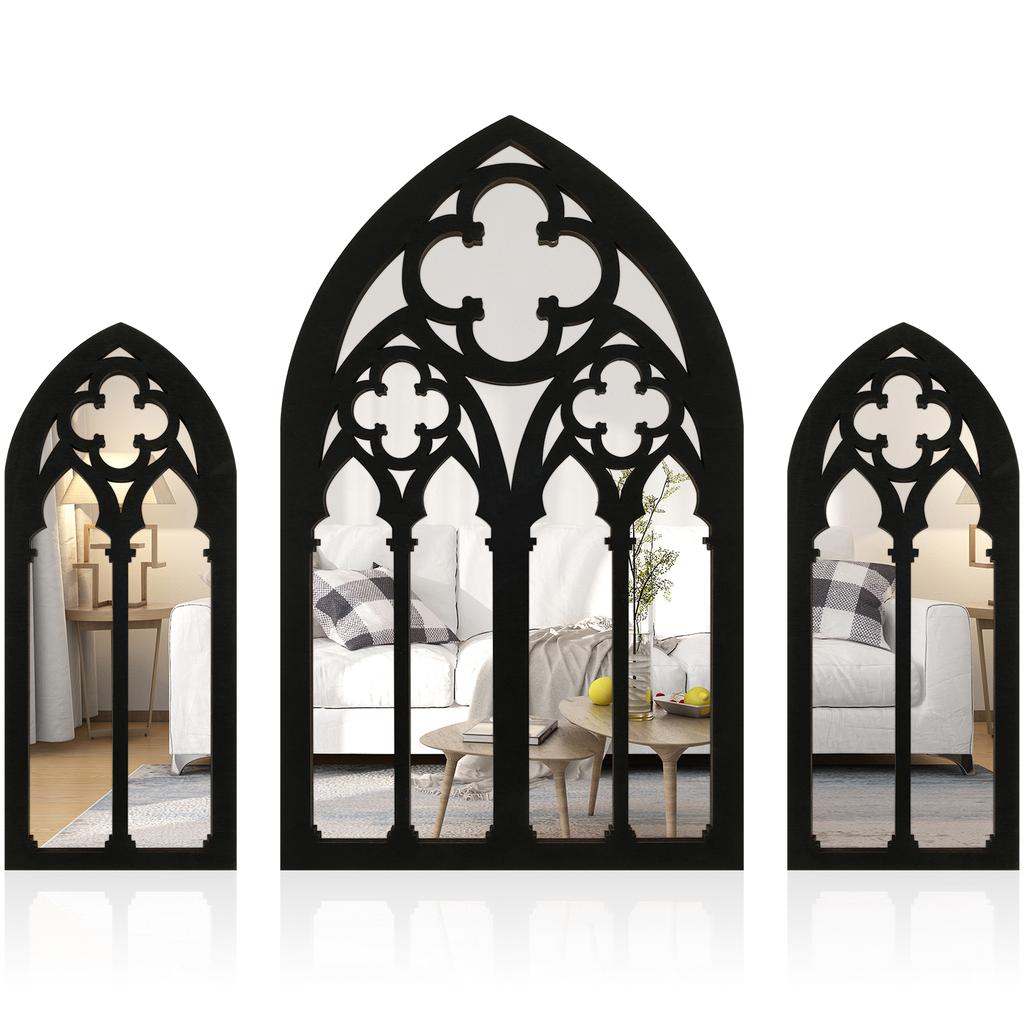 3Pcs Gothic Arched Window Wall Mirror Set Self-Adhesive Cathedral Arched Mirror Rustic Farmhouse Accent Mirror for Home Decor