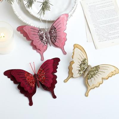 Velvet Butterfly Christmas Decor Simulation 3D Glitter Christmas Butterfly Ornament Flocking Artificial Xmas Tree Decoration