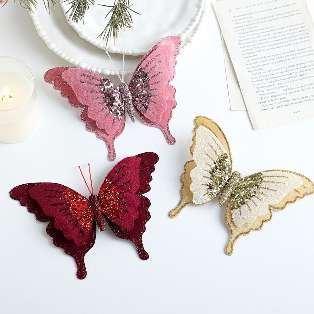 Flocking Christmas Butterfly Ornament Simulation Glitter Butterfly Accessories  Party Supplies