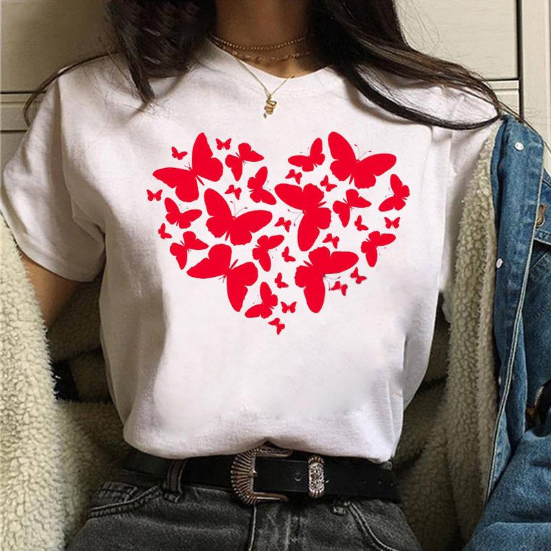 Short Sleeve Summer Fashion Women's Clothing Beautiful Watercolor Butterfly Printing White Ladies Casual Loose Personality TT-shirt