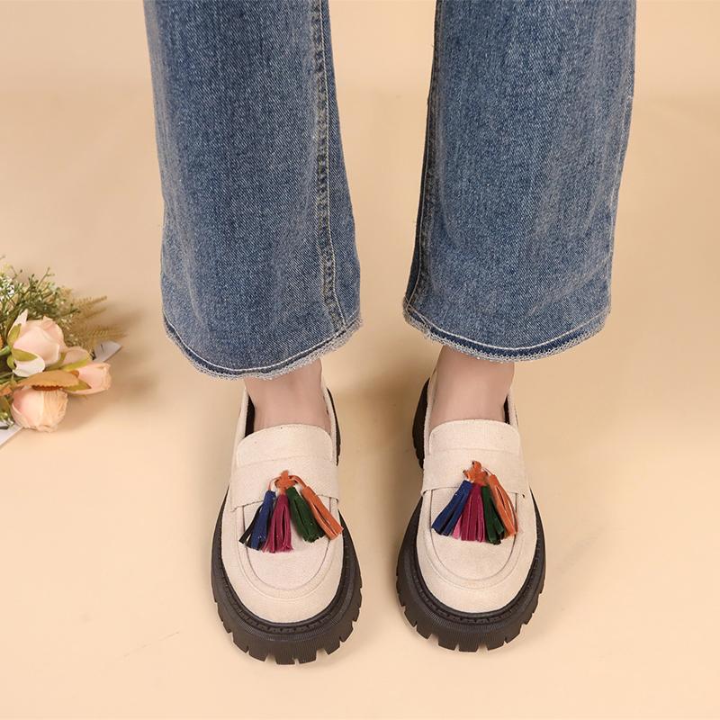 Fashion Women Platform Loafers 2024 Trend Ladies Shoes Tassels Designer Mid Heels Chunky Office Shoes Black Suede Leather