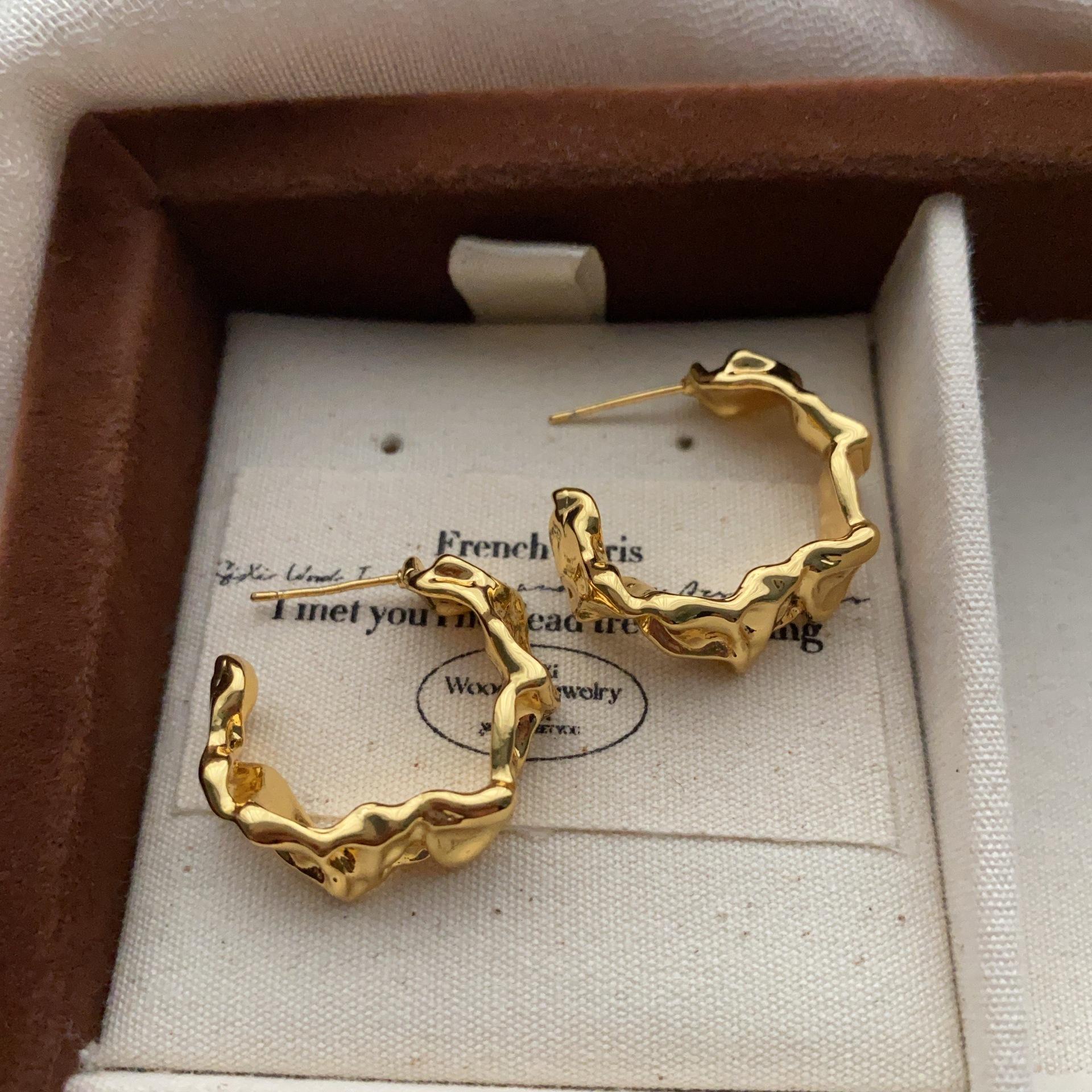 Gold Irregular Gold Ring Earrings Earrings Wrinkled Texture Retro Light Luxury Three-Dimensional Personality Unique Minimalist Style