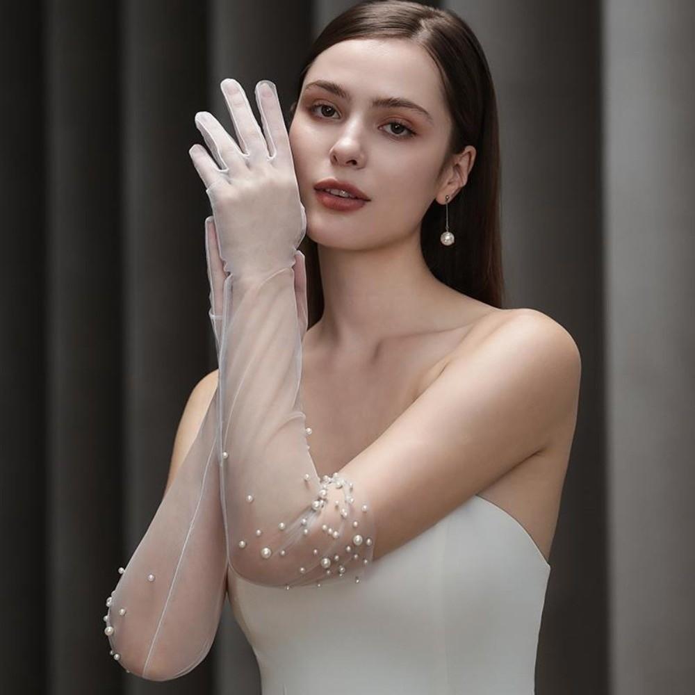 Long Wedding Gloves Tulle Pearl Gloves Vintage Women’s Bridal Gloves  Dinner Party